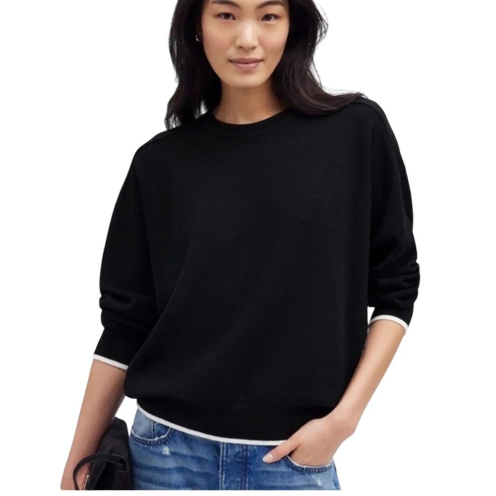 Madewell Sweater Womens Medium Black Merino Wool Tipped Crewneck NS664 NEW